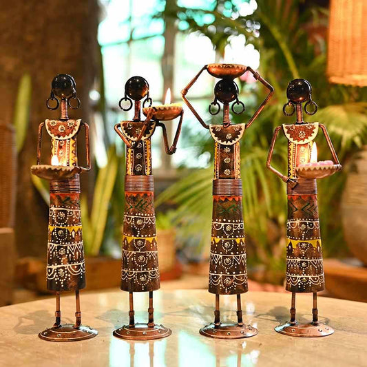 Tribal Lady Metal Figurine Set of 4